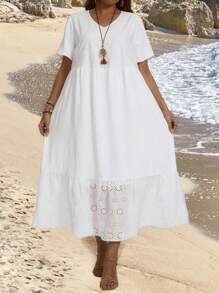 EMERY ROSE Kích thước lớn Của phụ nữ Cổ chữ V Ngắn tay Thêu Đầm - trắng - Xem 6