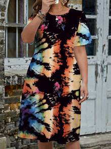 SHEIN LUNE 螢光折染圖案夏季休閒大尺碼女士連身裙