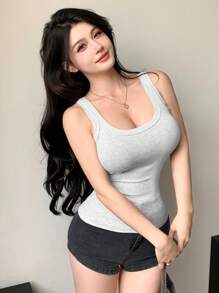 DAZY 純色修身肋紋圓領背心