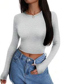 SHEIN Essnce Playera De Manga Larga Y Cuello Redondo Para Mujer, Con Corte Corto