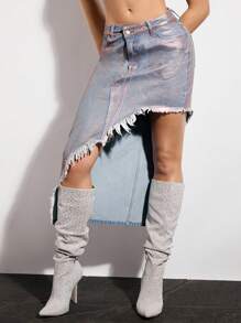 SHEIN BAE 金屬剪裁牛仔裙＆節日服裝＆音樂會服裝＆音樂節 - 藍色 - 查看 5