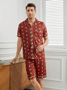 Men's Full Print Contrast Piping Homewear Set - Red - View 7