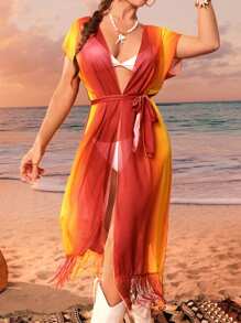 SHEIN Swim Damski Gradient Otwarcie z przodu Rozcięcie Z paskiem Kimona Rozpinane Swetry
