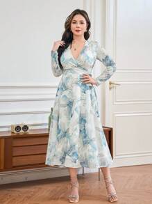 DAZY Elegant Floral Wrap Tea-Length Dress With Belt For Women, Fall Dress Long Sleeve Dress Easter Dress - Blue - View 6