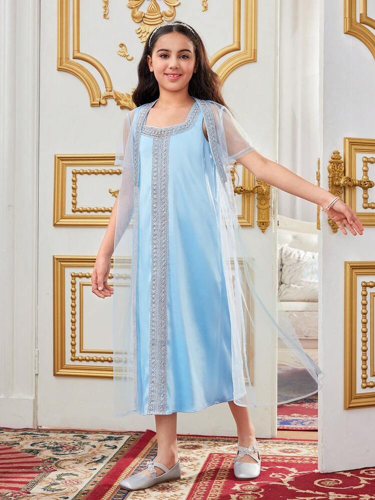 Tween Girls' Casual & Elegant & Fancy Sleeveless Dress With Faux Pearl Belt And Cover Up, 2pcs/Set