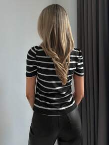 SHEIN LUNE Women's Striped Puff Sleeve T-Shirt
