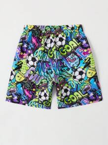 Tween Boy Soccer Printed Swim Trunks With Rock Punk Style Summer Holiday - Multicolor - View 2
