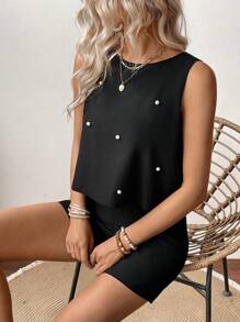Chiquease Women's Faux Pearl Decor Round Neck Sleeveless Romper - Black - View 6