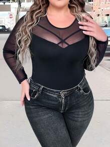 SHEIN LUNE 大碼網紗拼接肩部前交叉上衣 - 黑色 - 查看 6