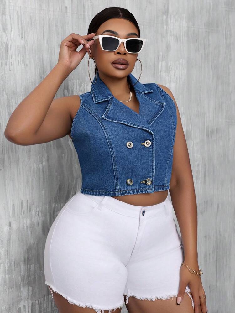 Plus Size Women Summer Double Breasted Patchwork Lapel Casual Denim Vest Jacket