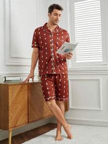 Men's Full Print Contrast Piping Homewear Set - Red - View 4