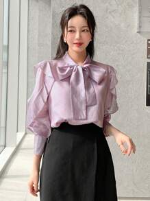 DAZY Bow Knot Tie Neck Chiffon Ruffle Hem Blouse - Purple - View 3