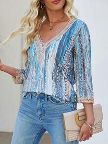 SHEIN LUNE 隨意印花蕾絲拼接t恤,休閒風格 - 藍色 - 查看 7