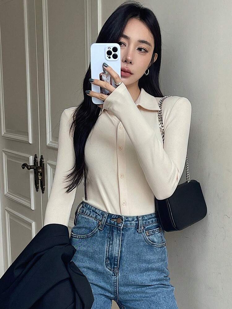 Ladies' Solid Color Button Up Long Sleeve T-Shirt,Fall Clothes