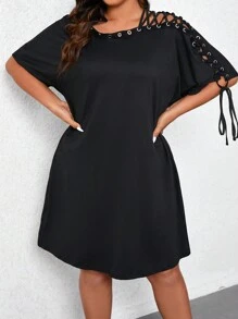 SHEIN LUNE Kích thước lớn Của phụ nữ Rắn lỏng lẻo Màu sắc Đầm Với Buộc Thiết kế - màu đen - Xem 6