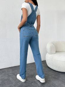 RueChic 前口袋側邊紐扣牛仔背帶褲 - 藍色 - 查看 2