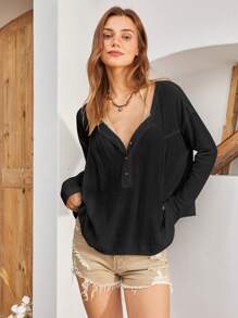 Bohemela 女士純色紋理拼接襯衫 - 黑色 - 查看 8