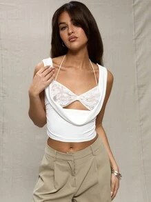 MUSERA 性感白色蕾丝胸罩拼接露脐上衣，适合夏季伊比沙岛春季度假，优雅户外假日音乐节狂欢派对 - 白色 - 查看 3
