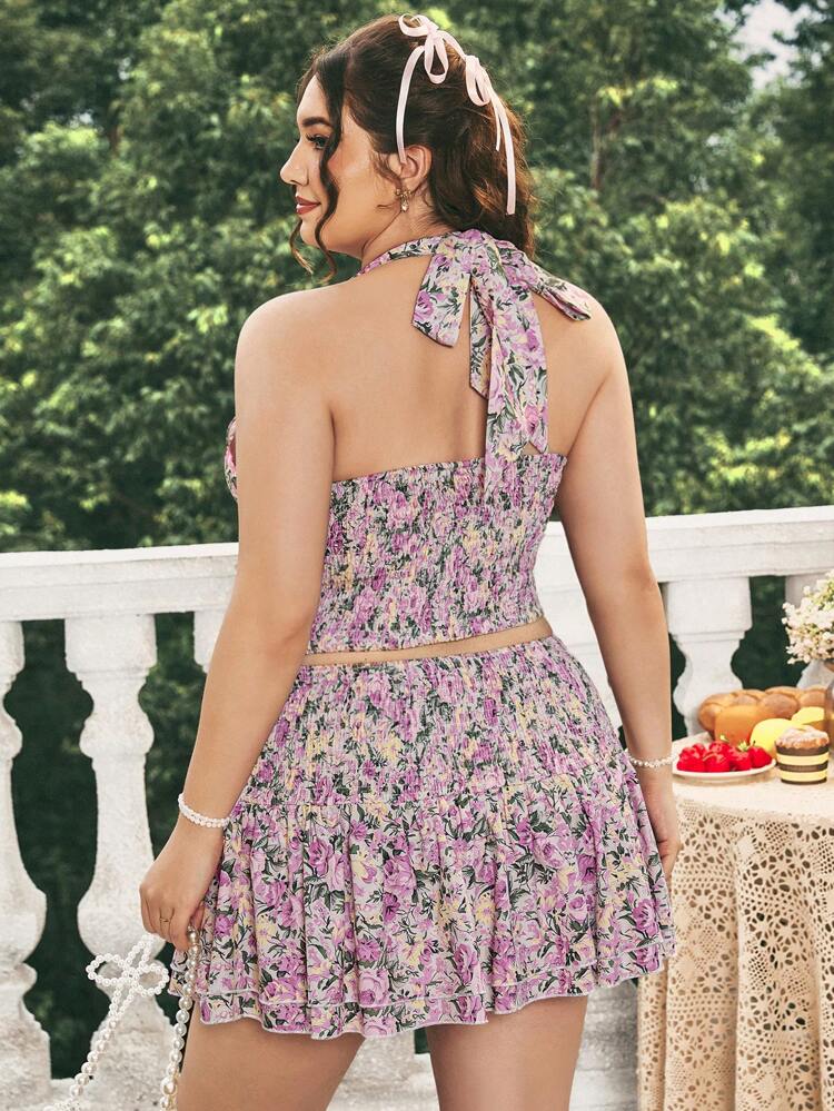 Plus Size Floral Print Halter Top And Shirred Skirt Music Festival Spring Summer Corset Top Floral Blouse Two Pieces Short Set Halter Top