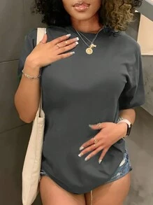 INAWLY Solid Color Round Neck Loose Short Sleeve T-Shirt - Grey - View 1