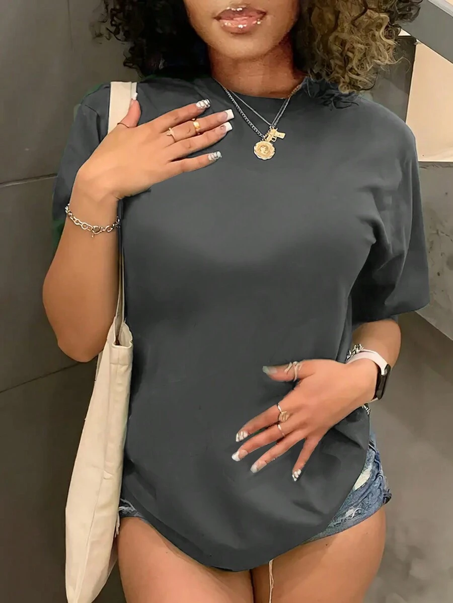 INAWLY Solid Color Round Neck Loose Short Sleeve T-Shirt - Grey - View 1