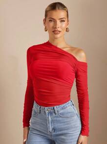 SHEIN BAE 露肩褶皺透視合身 T 卹 - 紅色 - 查看 6