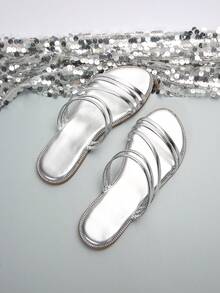 Women's Rhinestone Slide Sandals, Sparkle Casual Flat Open Toe Slippers - Silver - View 4