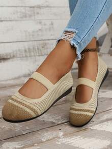 2024新款女款針織透氣網眼布扁帶鞋,圓頭、奶油色休閒便鞋 - 卡其色 - 查看 3