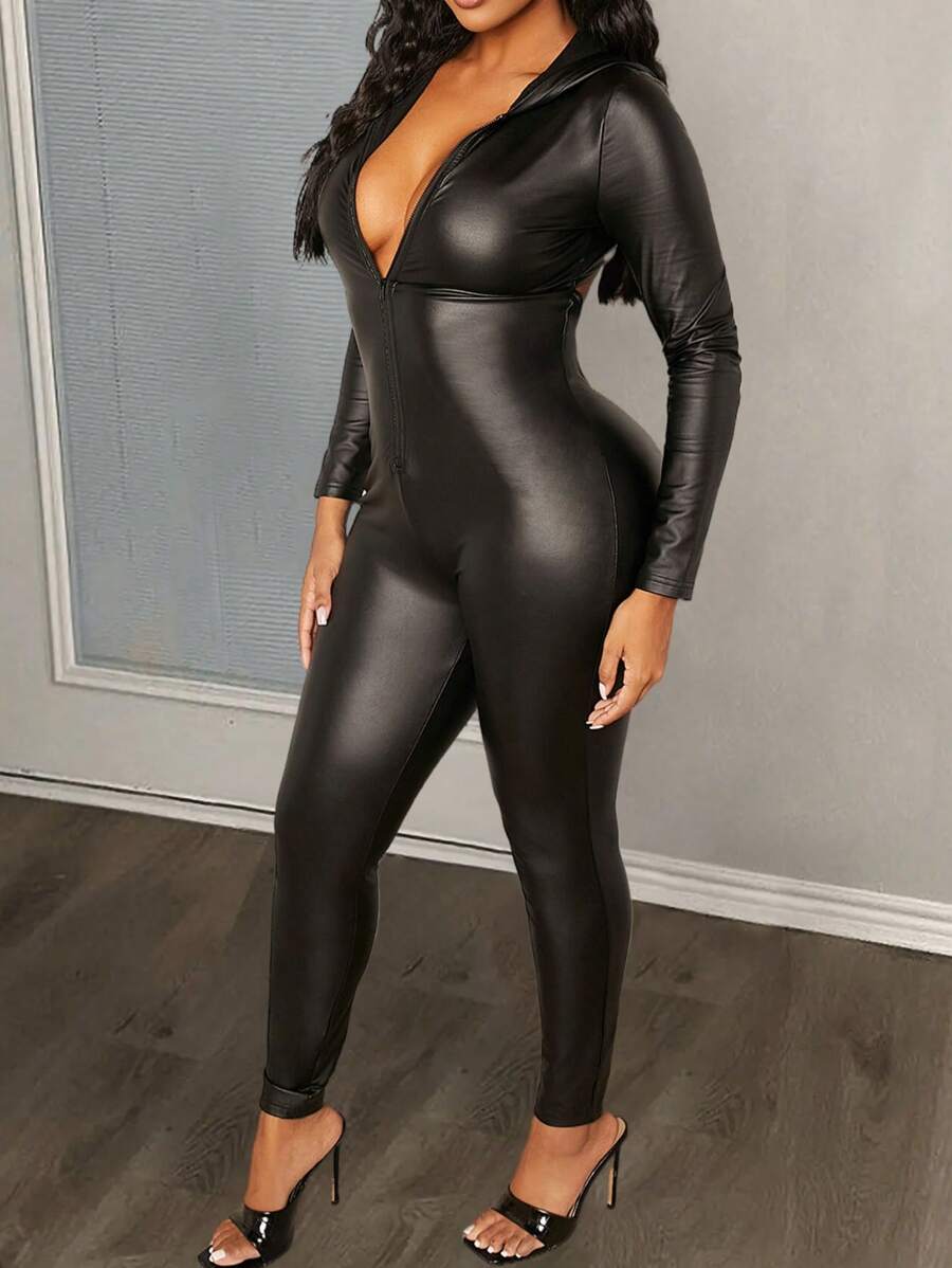 Slaydiva 女性無背連帽緊身衣跳躍裝 - 黑色 - 查看 1