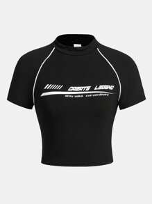 SHEIN Girlism 少女款針織字母印花拼接立領休閒t恤 - 黑色 - 查看 1