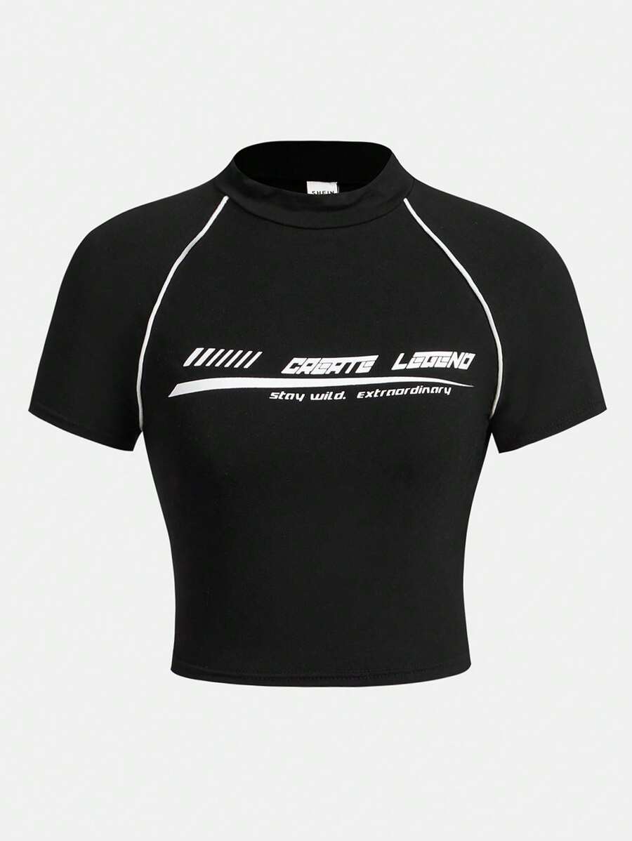 SHEIN Girlism 少女款針織字母印花拼接立領休閒t恤 - 黑色 - 查看 1