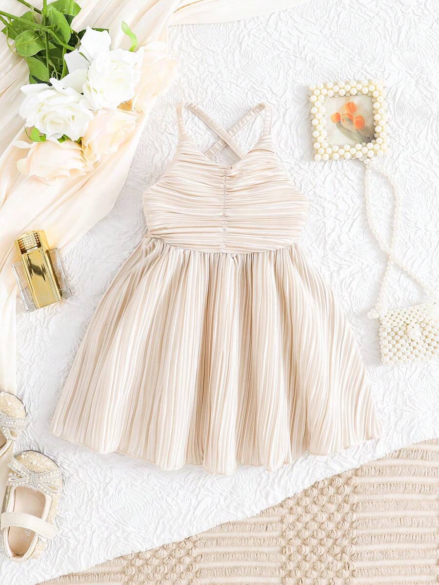 寶寶女孩金色禮服，褶皺腰收藏裙