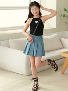 SHEIN 少女針織愛心印花背心上衣和牛仔裙 - 彩色 - 查看 6