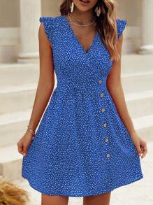 Breezaya 女士时尚蓝色圆点短袖 V 领摆裙度假海滩装 - 藍色 - 查看 6