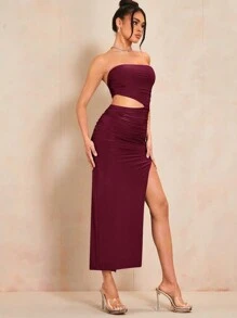 SHEIN BAE Women's Strapless Cutout Waist Pleated Side Slit Dress - Burgundy - View 6