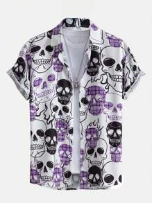 ROMWE MEN Grunge Punk Camisa Para Hombres Con Botones Con Estampado De Cráneo Sin Camiseta Interior