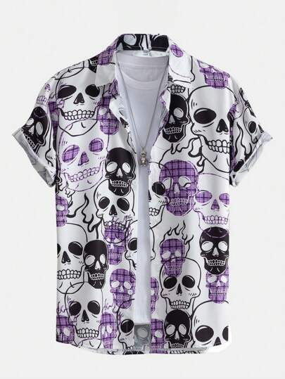Grunge Punk Men Skull Print Button Up Shirt Without Tee