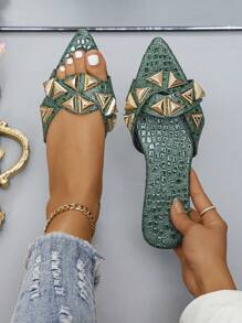 Sandal đế bằng màu vàng ánh kim thời trang dành cho nữ, thích hợp cho các hoạt động ngoài trời, trang phục mùa xuân hè. - Màu xanh lá cây đậm - Xem 1