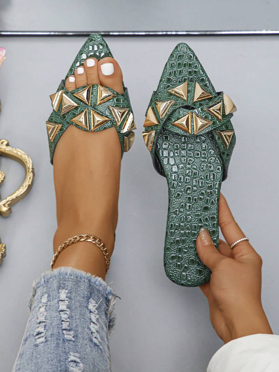 Sandal đế bằng màu vàng ánh kim thời trang dành cho nữ, thích hợp cho các hoạt động ngoài trời, trang phục mùa xuân hè. - Màu xanh lá cây đậm - Xem 1