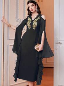 Modelyn Embroidered Detailing Cold Shoulder Neckline Cinching Waist Ruffle Hem Decorated Dress Long Evening Dresses - Black - View 5