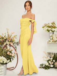 SHEIN Belle Váy phù dâu tay phồng trễ vai có chi tiết nút thắt dành cho nữ - Màu vàng - Xem 4