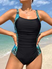 Swim Lushoire Costume Intero Donna Con Stampa Tropicale A Patchwork, Stile Abbigliamento Sportivo Estivo Da Mare Per Spiaggia, Vacanza, Viaggio, Festival, Piscina, Surf