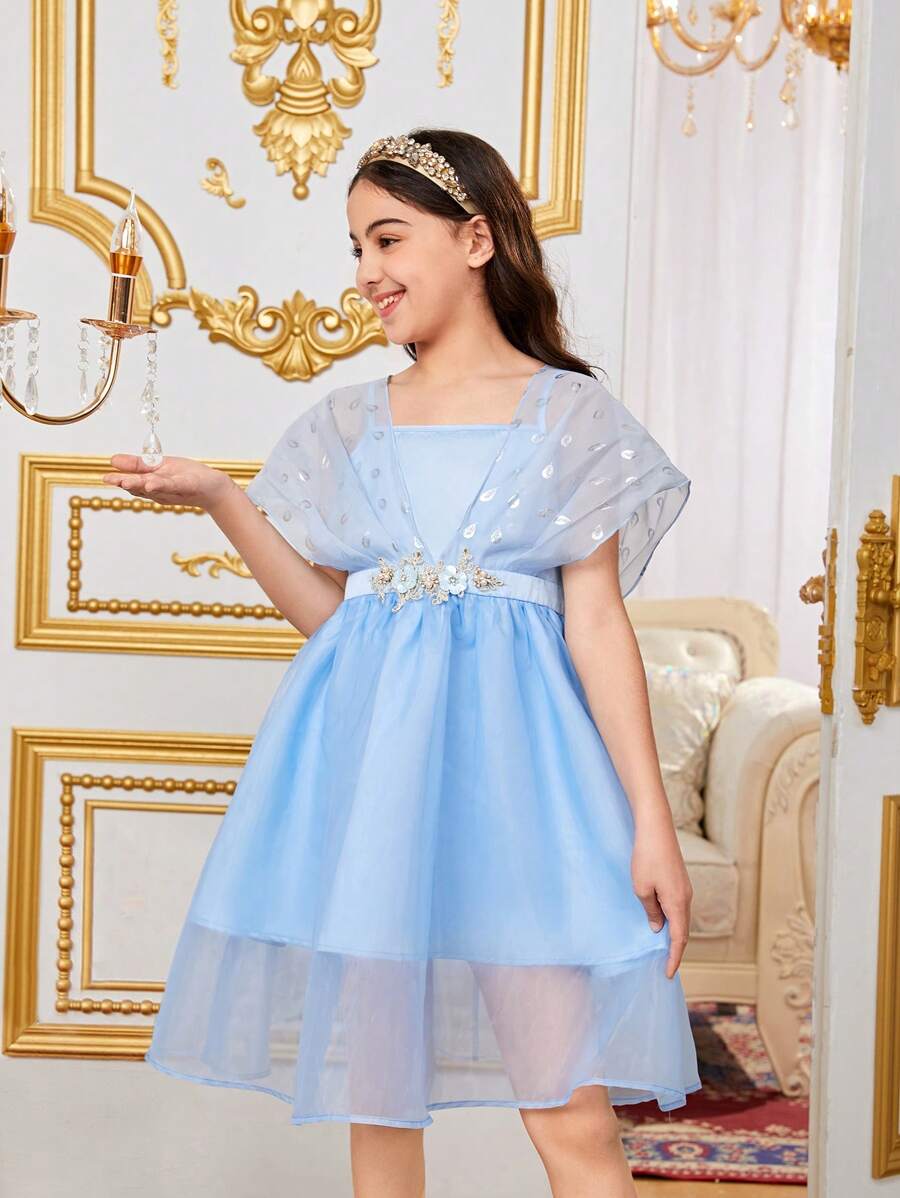 SHEIN Tween Girls' Gorgeous Fabric Patchwork 3d Flower Dress - Blue - View 1