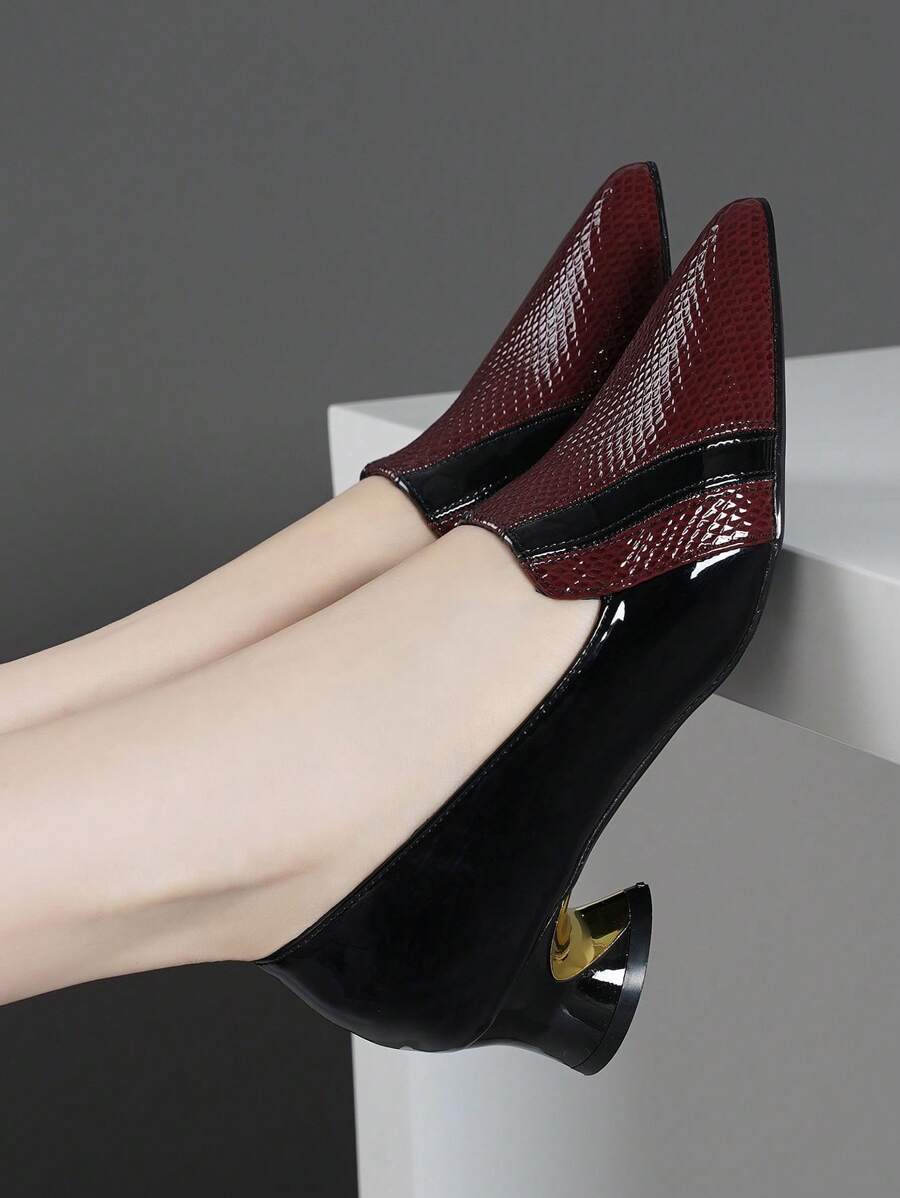 Fall/Winter Women's Color Block Comfortable Low Vamp Chunky Heel Slip-On Dress Pumps,Elegant - Burgundy - View 1