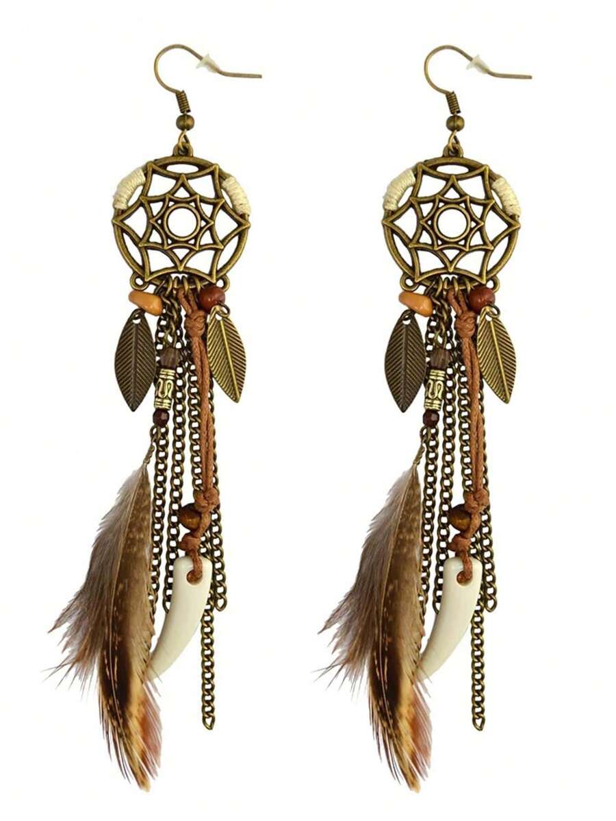 Boucles d'oreilles pendantes longues en plumes de style bohème antique, faites à la main, boucles d'oreilles Boho pour femmes, bijoux d'oreille pour femmes