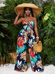 Slaydiva Summer Beach Vacation Chest Strapped Bow Cropped Top Wide-Leg Trousers Tropical Plant Print Women's Two-Piece Set