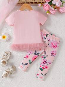 Baby Girl Floral Printed Mesh Contrast Top And Pants Set - Beige - View 2
