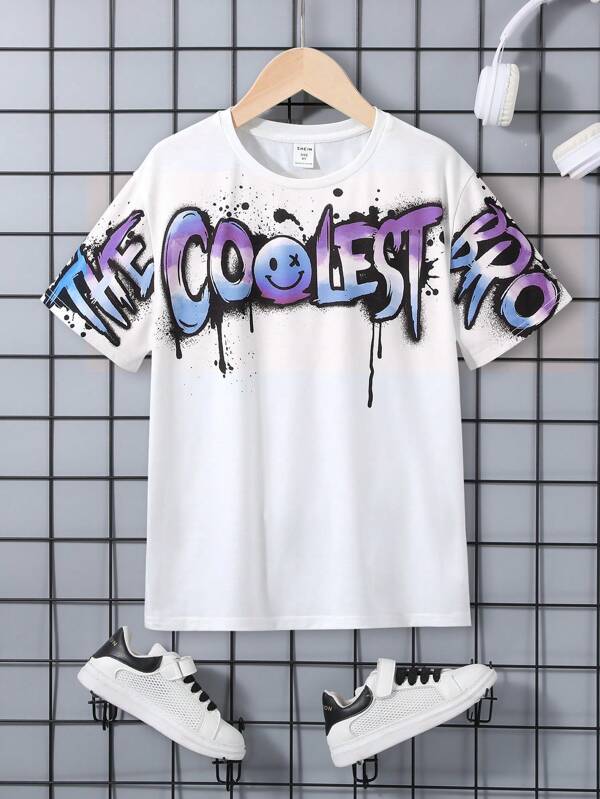 SHEIN Tween Boy Casual Round Neck Pullover Short Sleeve Knit T-Shirt With Letter Print