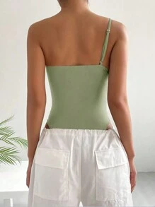 SHEIN EZwear One Shoulder Slim Fit Bodysuit - Green - View 2
