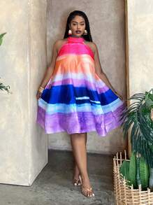 Slaydiva A 字大尺碼女式拼色掛脖花卉印花連身裙 - 彩色 - 查看 3